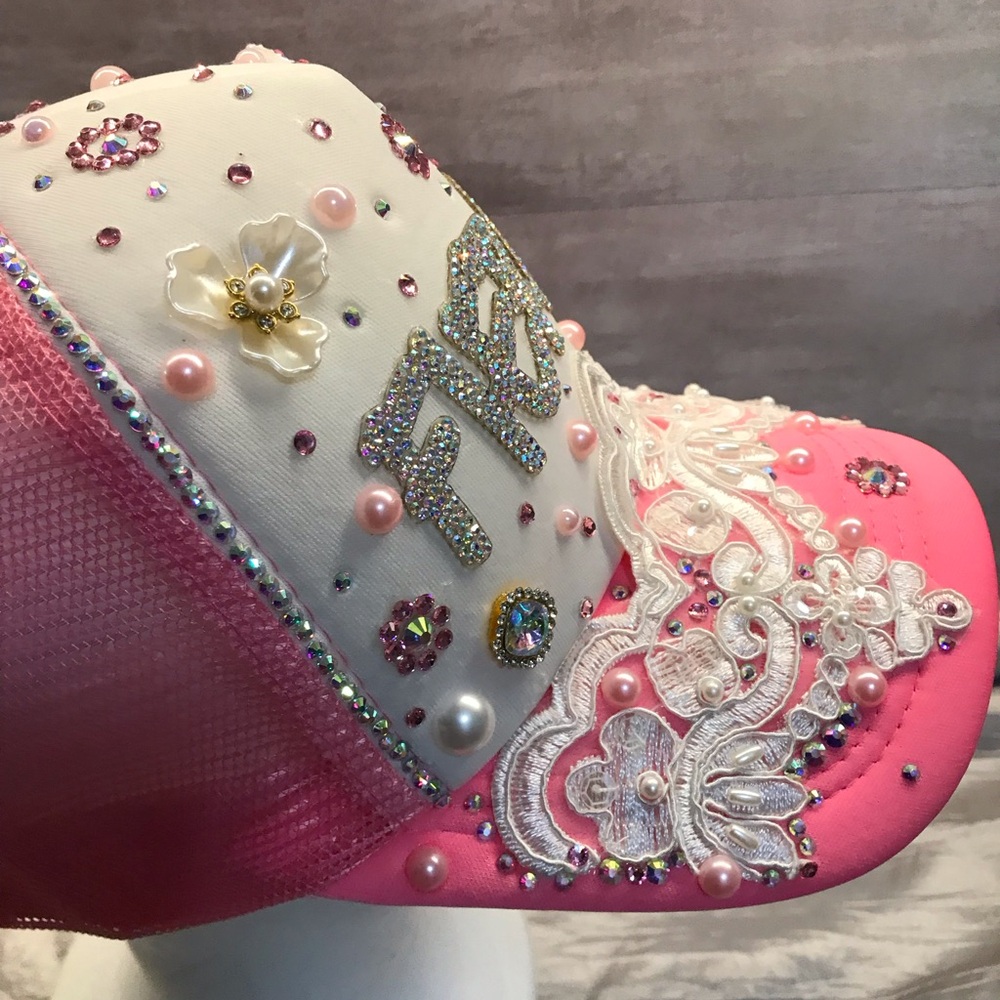 Embellished Pink and White Women’s Trucker Hat - Picture 6 of 11